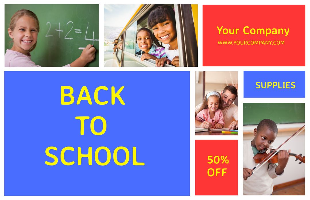Back to School Supplies Template with Enthusiastic Students