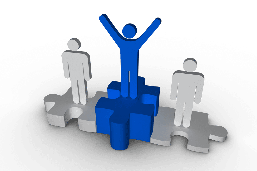 Three Figures Standing on Puzzle Podium with Symbol of Success