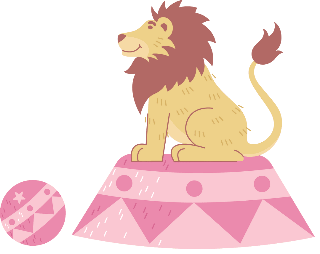 Cartoon Lion on Pink Platform with Ball in Transparent Background