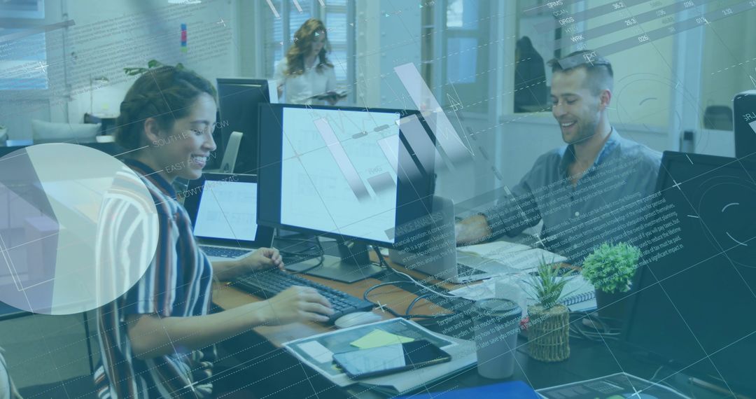 Diverse Team Collaborating in Modern Office with Global Financial Data Overlay