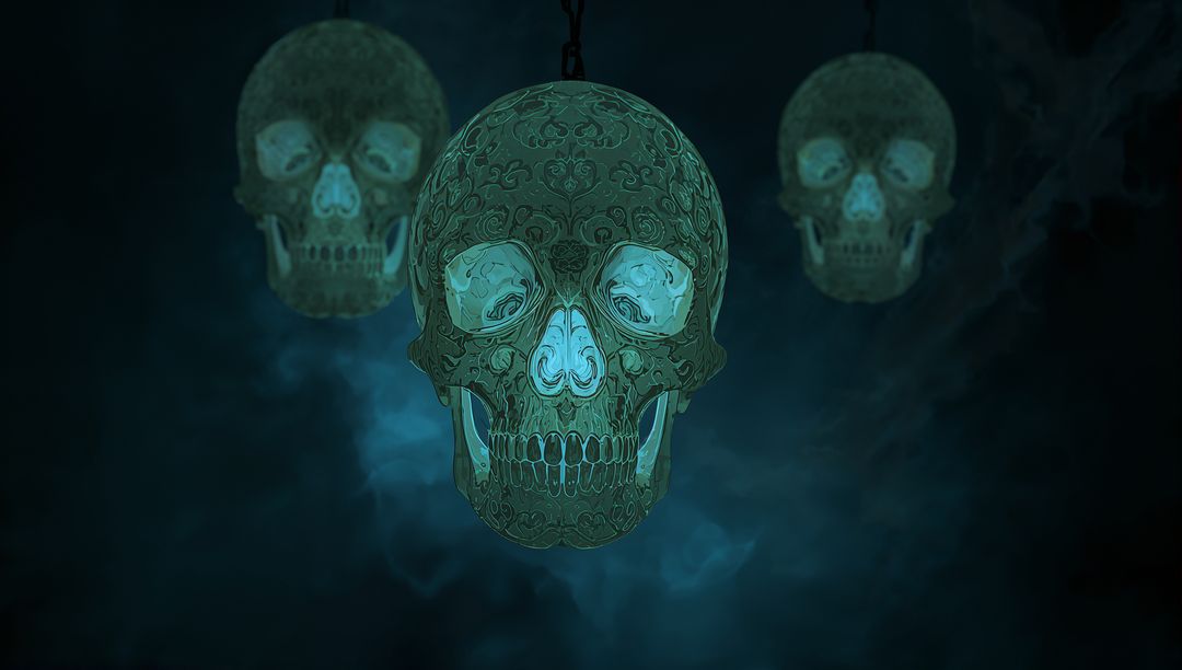 Ornate Glowing Skull Lanterns in Mystical Dark Mist