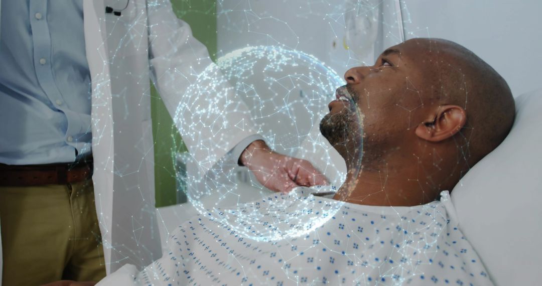 Doctor examining patient with digital technology overlay in medical setting