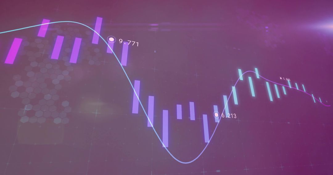 Futuristic financial candlestick chart with glowing cyan trend line and magenta gradient