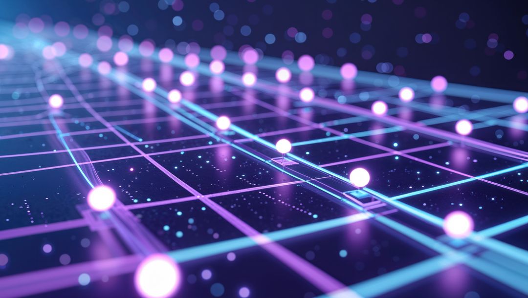 Futuristic Neon Grid with Glowing Nodes on Virtual Surface