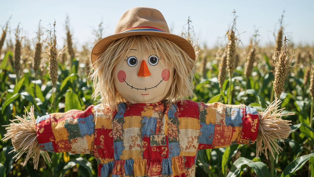 Charming Scarecrow in Colorful Patchwork Attire Amidst Cornfield