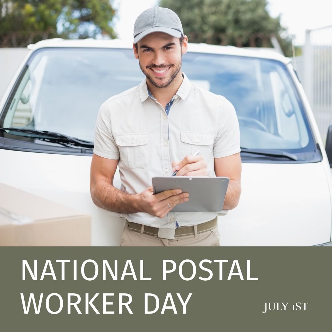 Smiling Delivery Worker Writing on Clipboard by Van