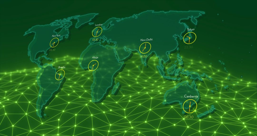 World Map Displaying Global Network Time Zones Over Digital Grid