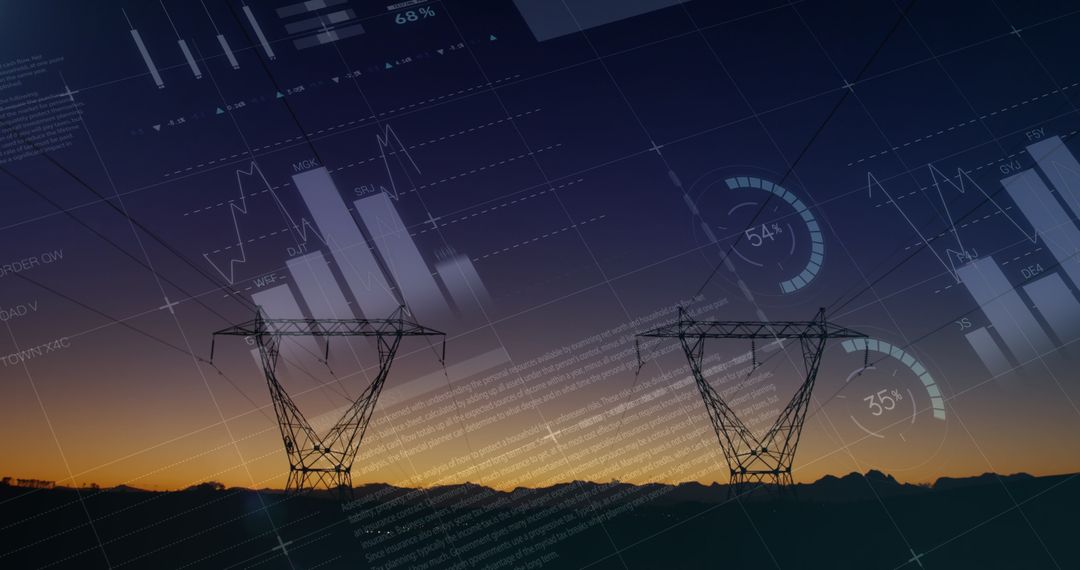 Smart Grid Technology with Stats Visuals in Twilight Setting