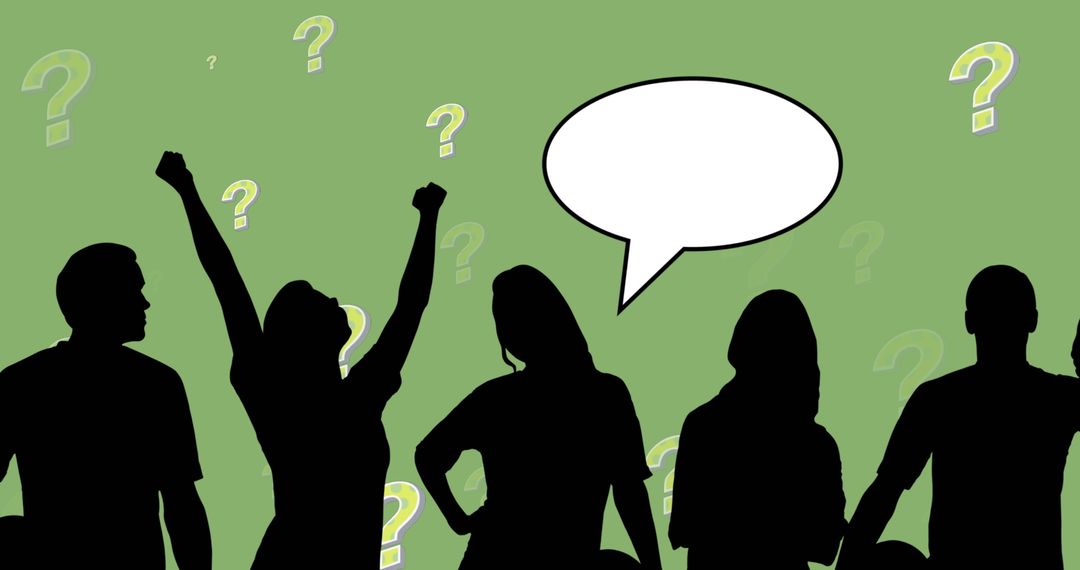 Silhouetted Group on Green Question Background with Speech Bubble