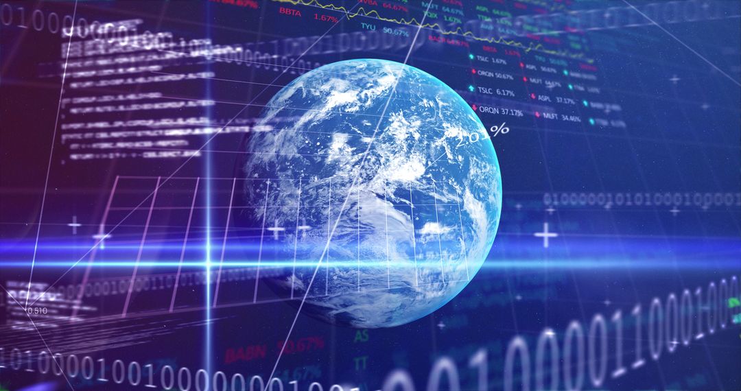 Financial Market Analytics Display with Earth Illustration and Data Patterns
