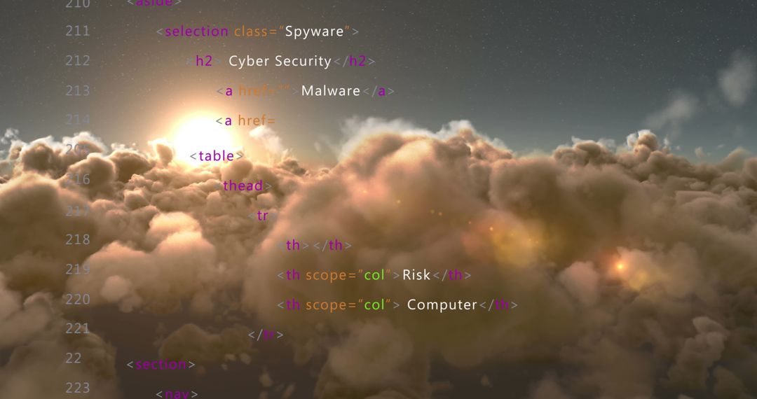 HTML Code Amidst Cloudy Sunrise Suggesting Futuristic Digital Landscape
