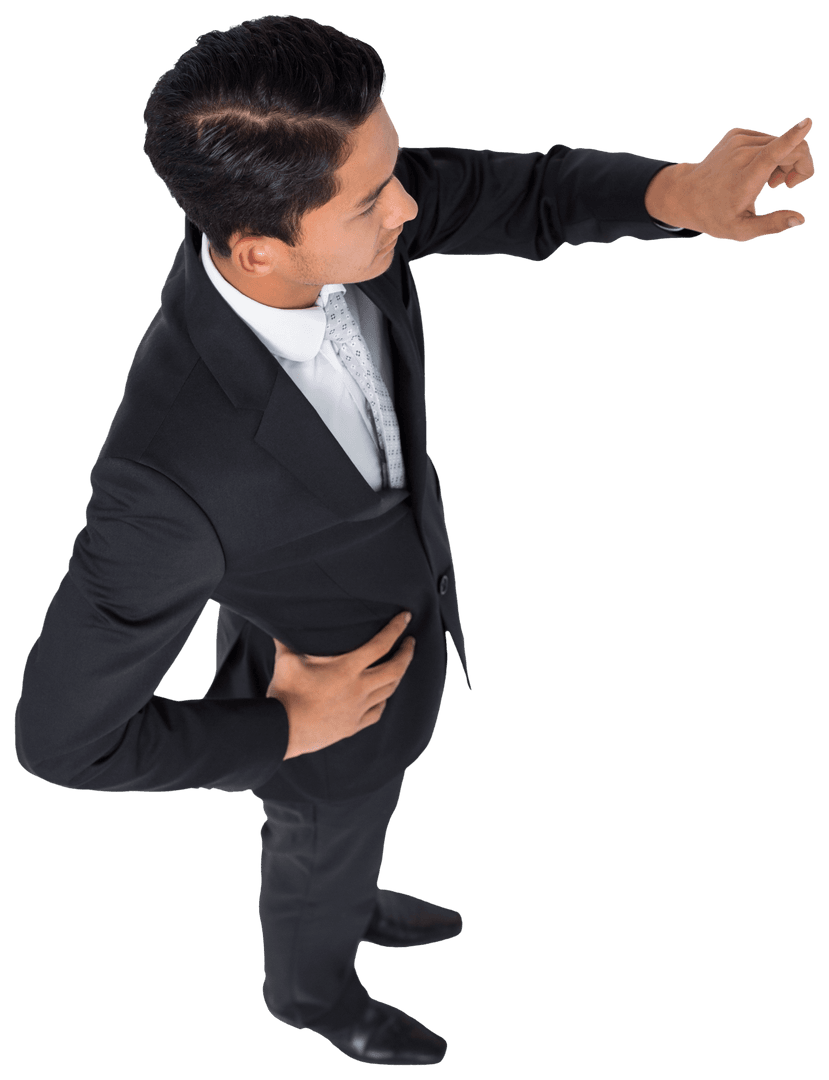 Transparent Businessman Pointing Upwards in Office Attire