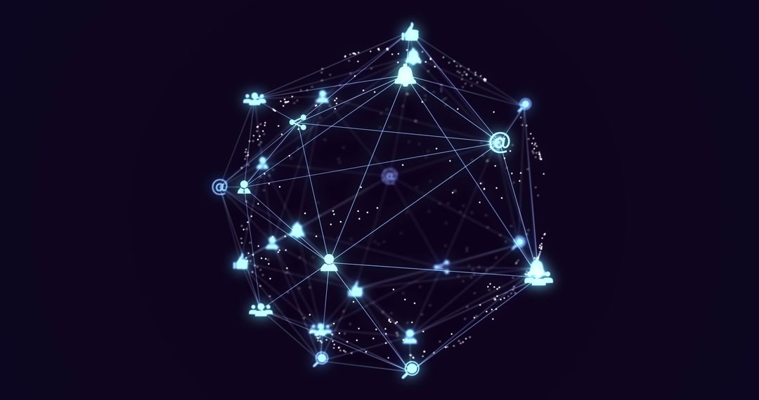 Digital Network of Icons and Connections on Dark Background