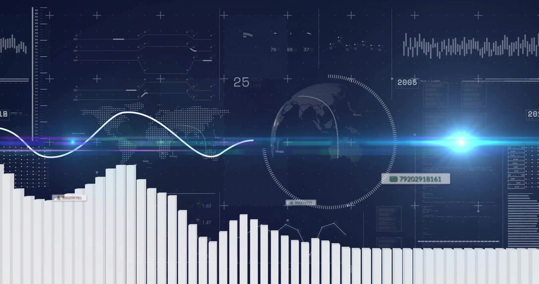 Futuristic Financial Dashboard with White Vertical Bar Chart, Sine Wave and Global HUD
