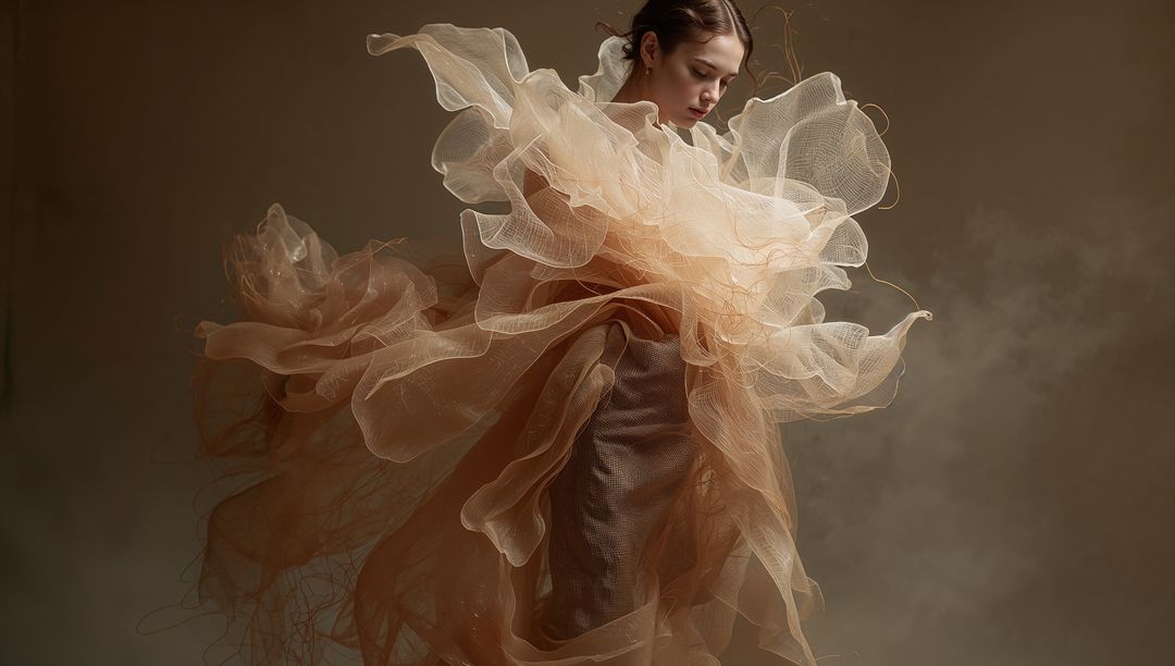 Ethereal Model Floating in Voluminous Tulle, Wearing Flowing Couture Gown for Editorial
