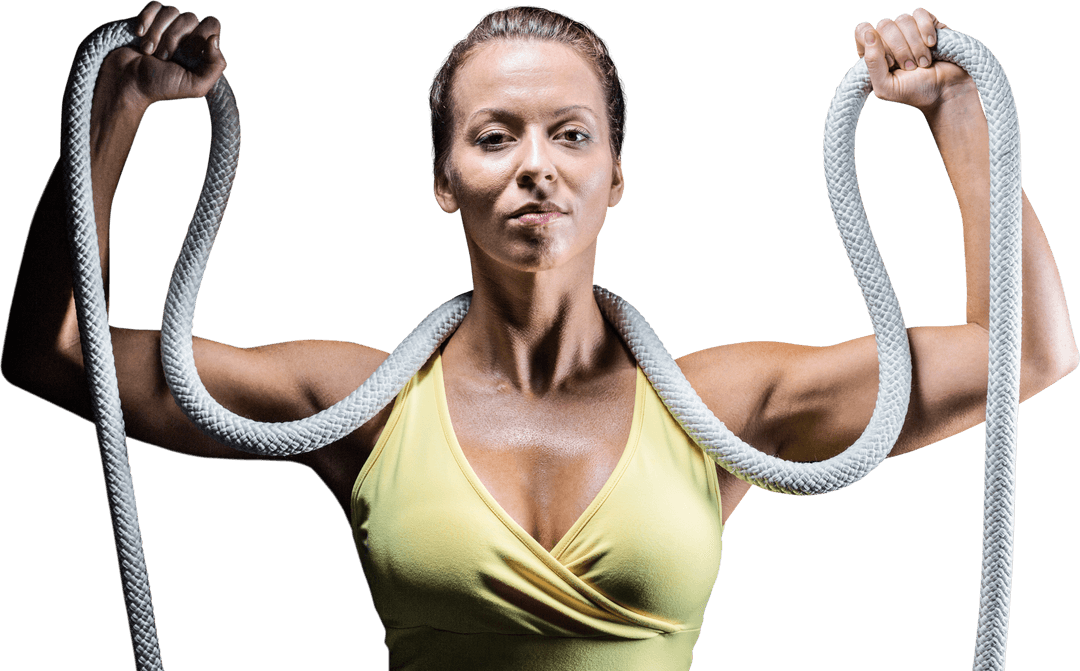 Transparent Strong Sportswoman Holding Rope with Confident Expression