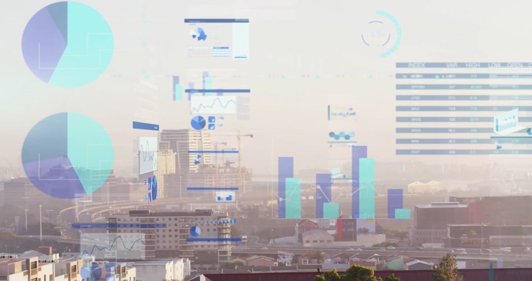 Financial Data Visualizations Overlayed on Urban Skyline