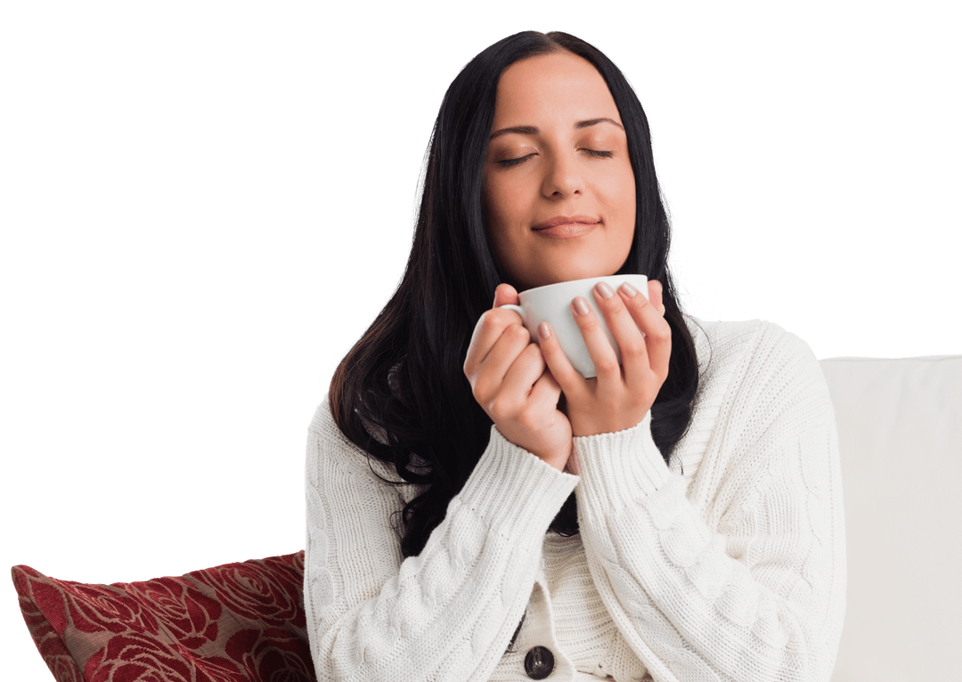 Woman Savoring Coffee on Comfy Couch with Transparent Background