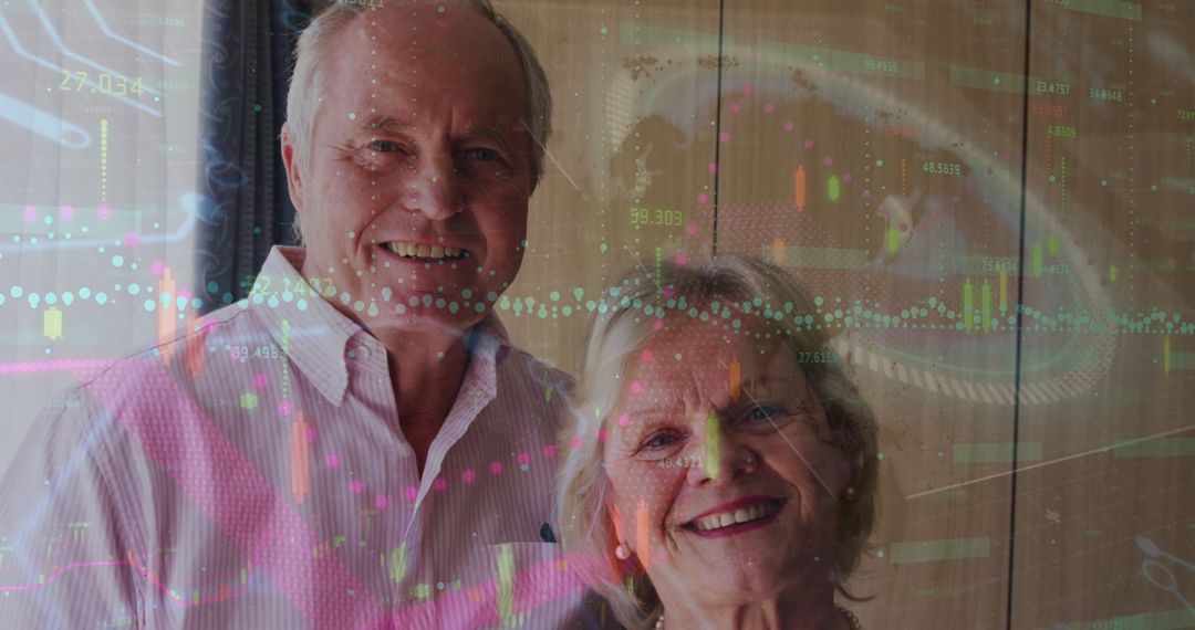 Smiling Senior Couple with Overlay of Financial Data Graphics