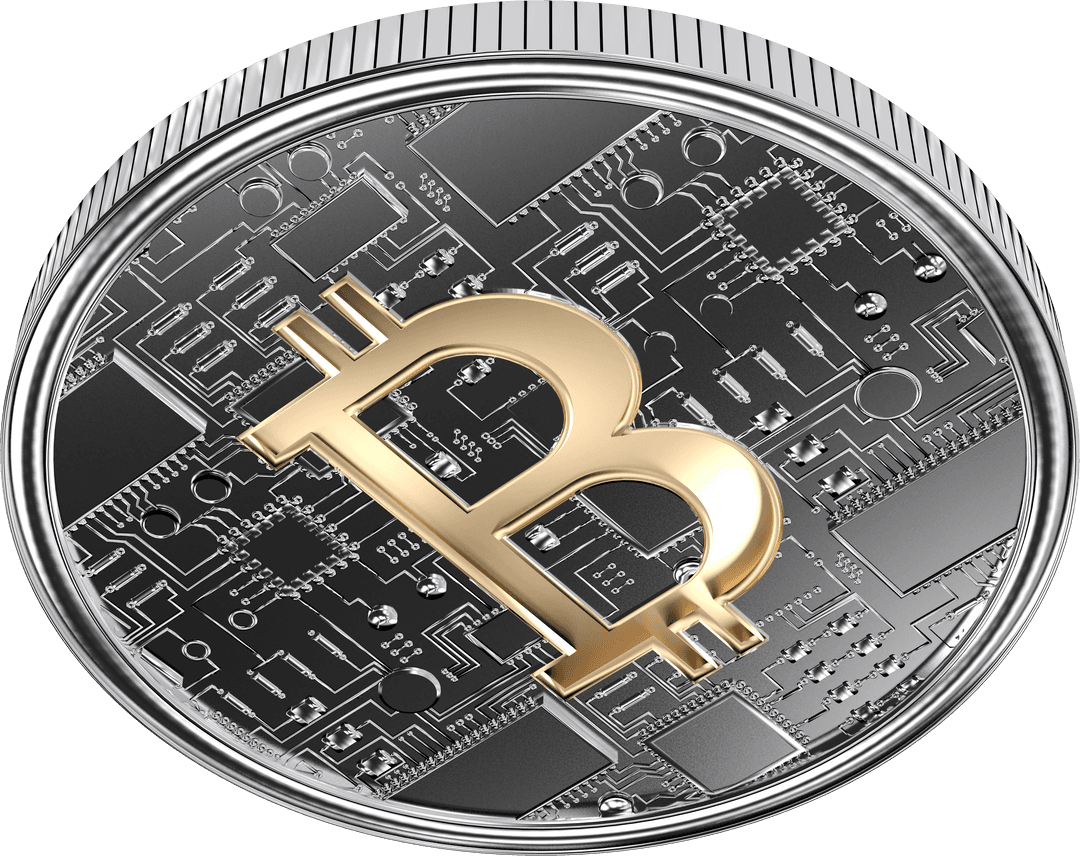 Transparent Silver Coin with Bitcoin Symbol and Circuit Design