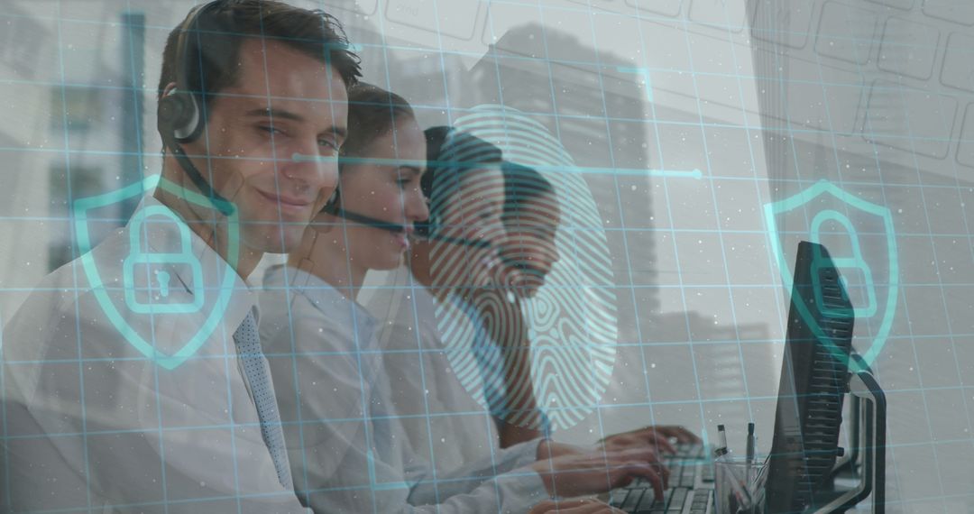 Call Center Team with Futuristic Security Interface