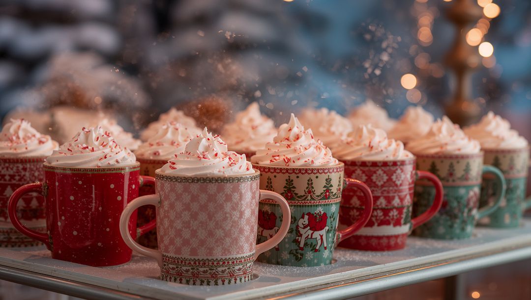 Festive Holiday Mugs Sprinkled with Candy Cane Bits in Warm Atmosphere