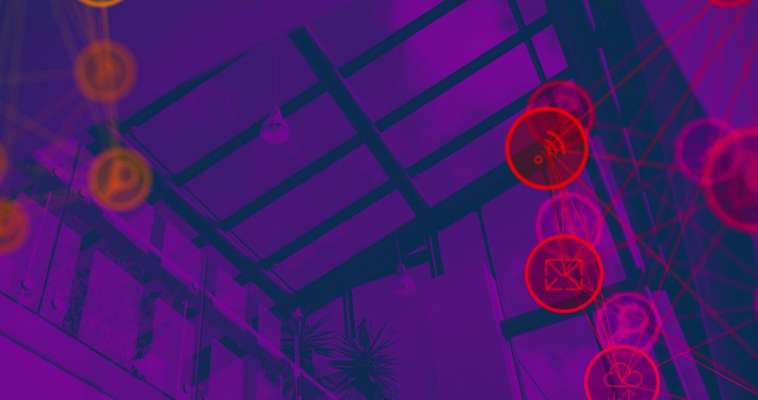 Digital Network with Technology Icons Over City Architecture