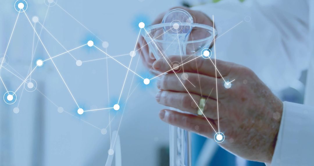 Caucasian Scientist Analyzing Chemical Reaction with Digital Network Overlay