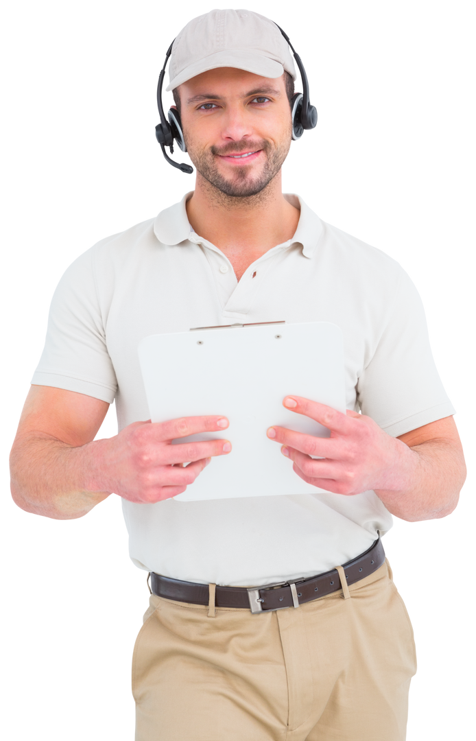 Transparent delivery man with headset holding clipboard - Download Free Stock Images Pikwizard.com