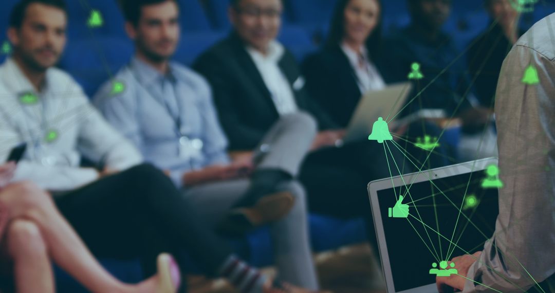 Business Professionals in Meeting with Digital Network Overlay