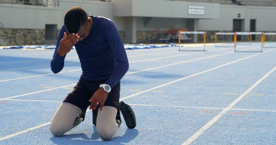 Athlete Kneeling on Track, Touching Forehead, in Sportswear - Free Images, Stock Photos and Pictures on Pikwizard.com