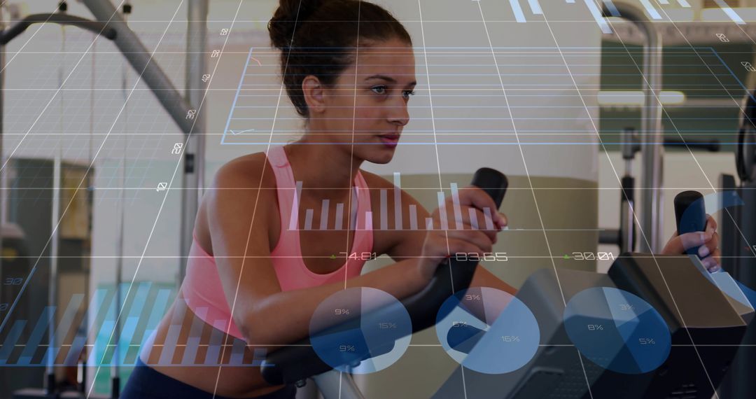 Woman Exercising on Elliptical with Data Visualization Overlay