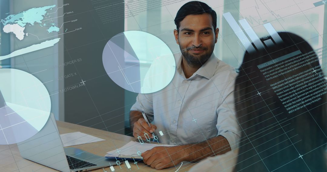 Business Meeting with Data Visualization and Technology Interface