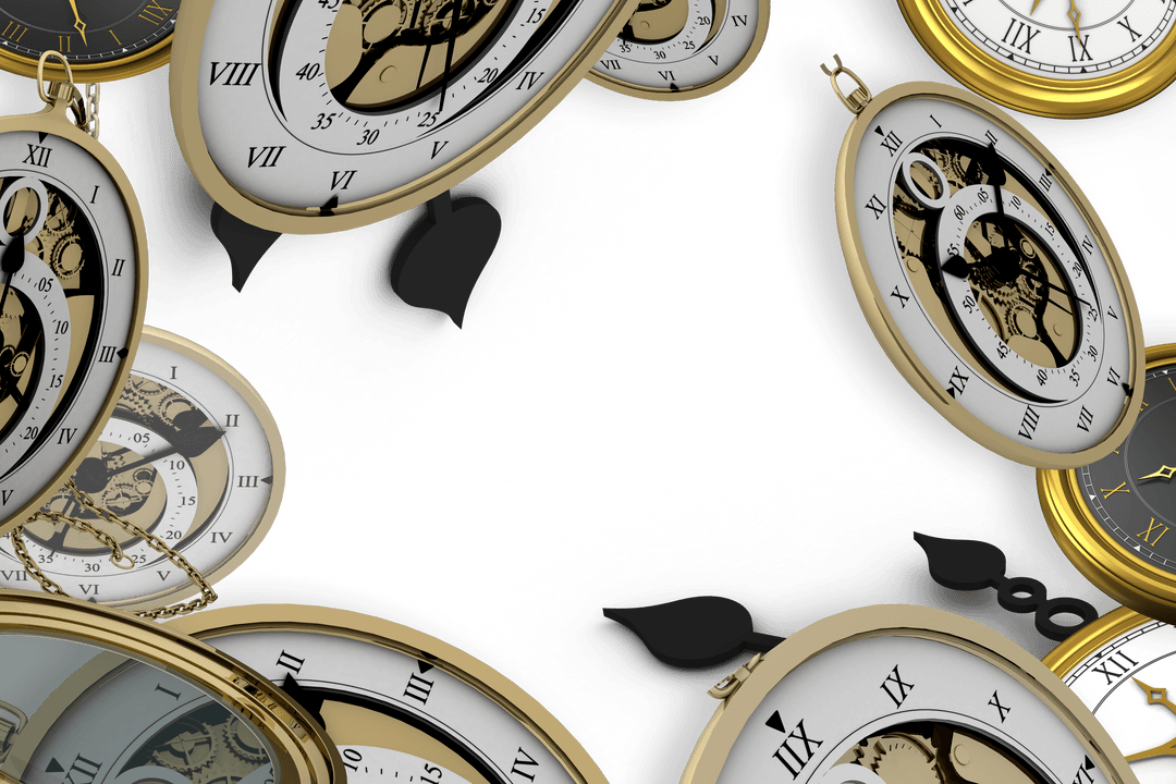 Golden Clocks on Transparent Background Representing Time