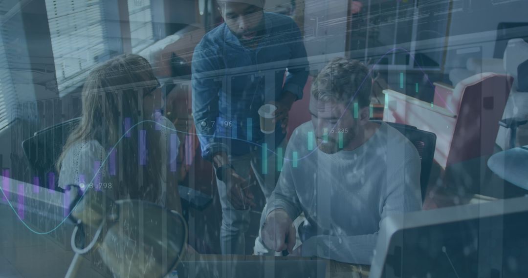 Diverse Team Collaborating in Modern Office with Financial Analytics Overlay