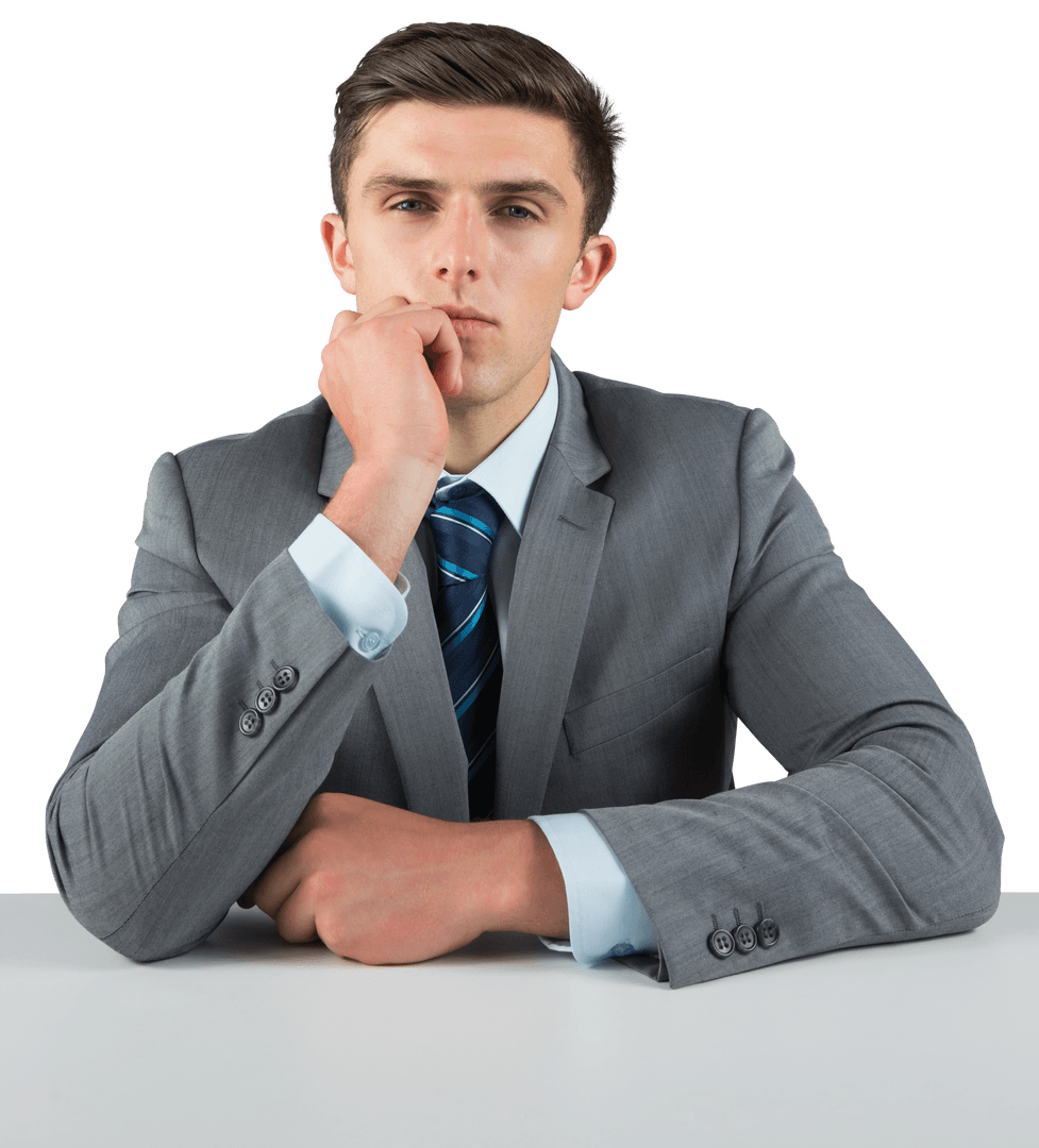 Focused Caucasian Businessman Sitting at Desk, Transparent Background