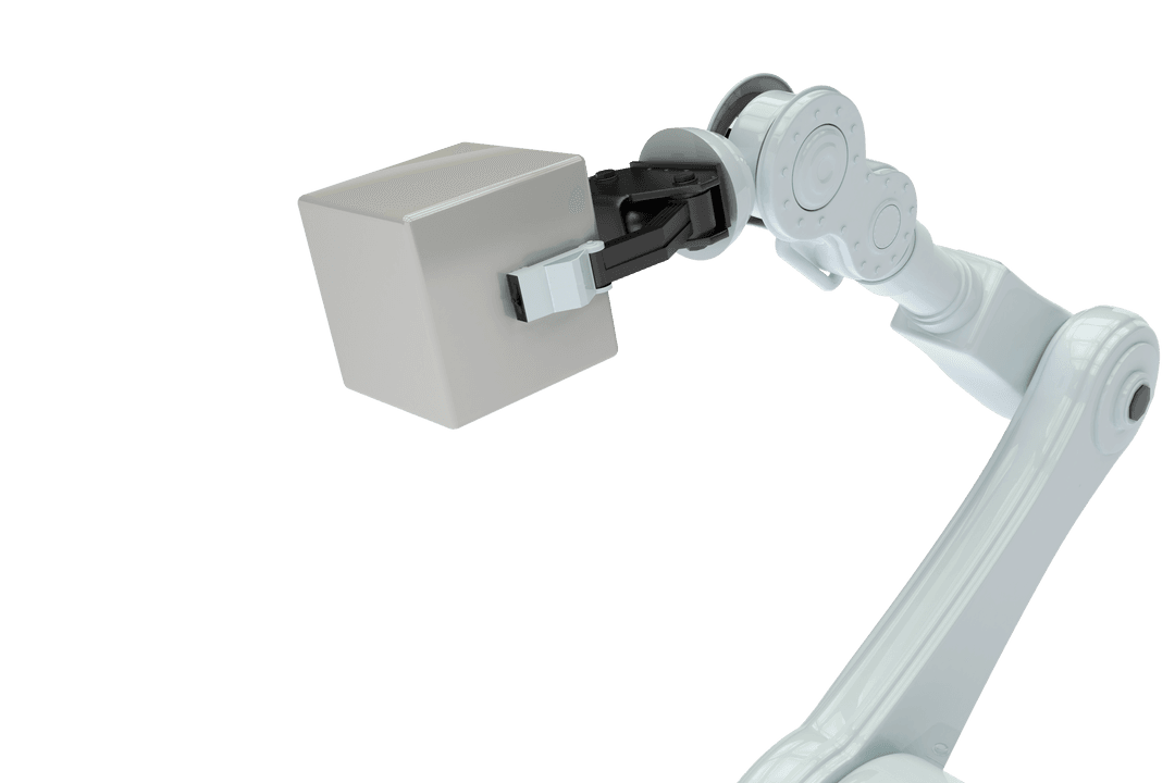 Transparent Robotic Arm Holding Metal Cube Innovation Concept