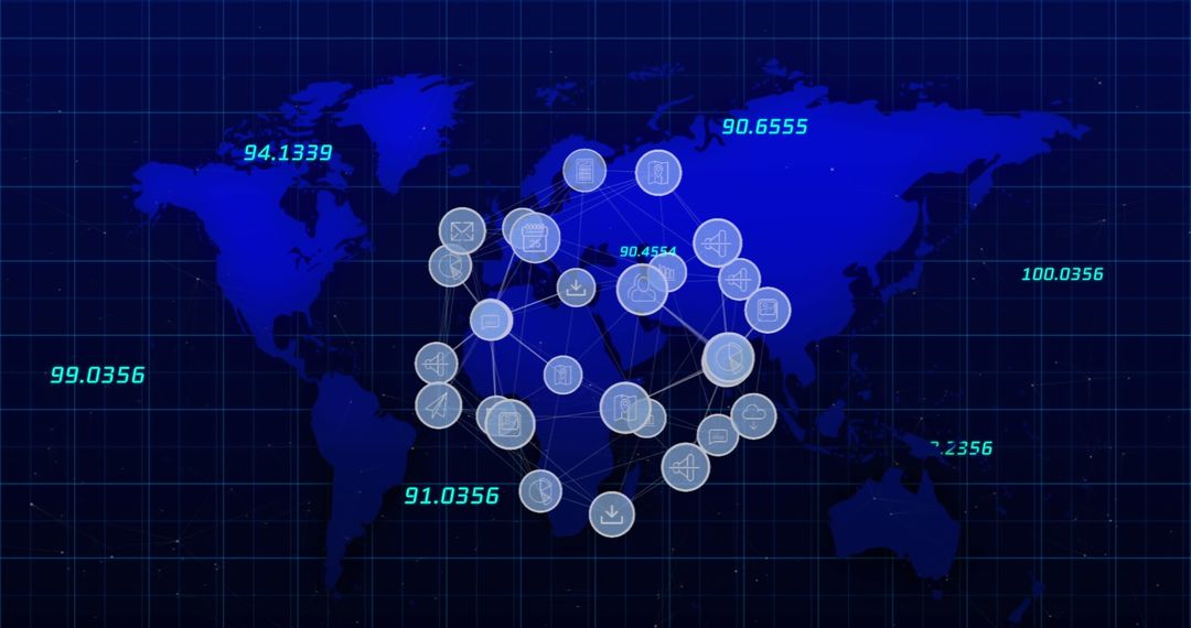 Global Technology Network with Digital Icons on World Map