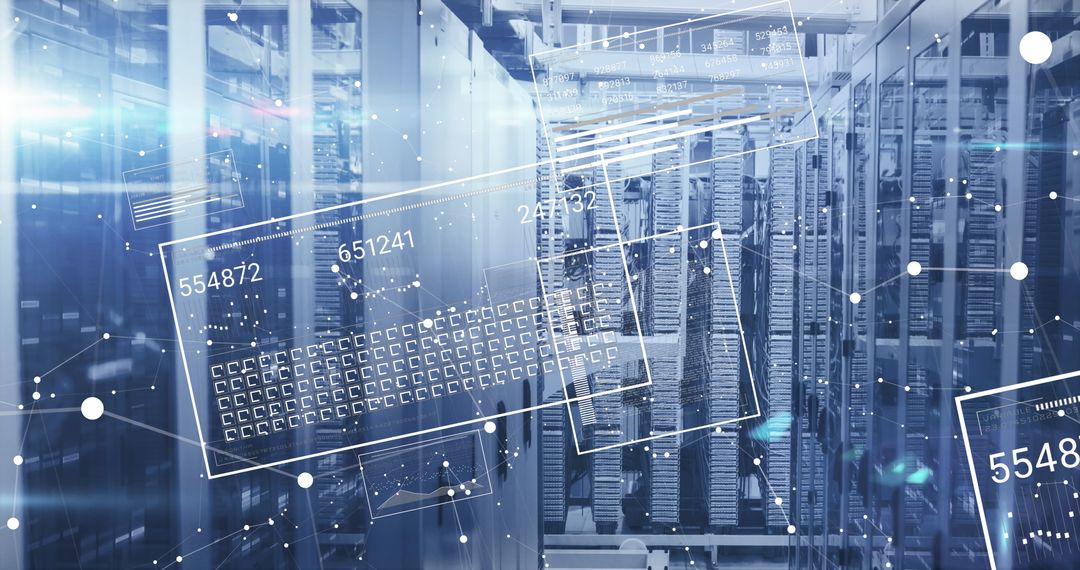 Advanced Server Room with Graphic Overlays Reflecting Technology Progress