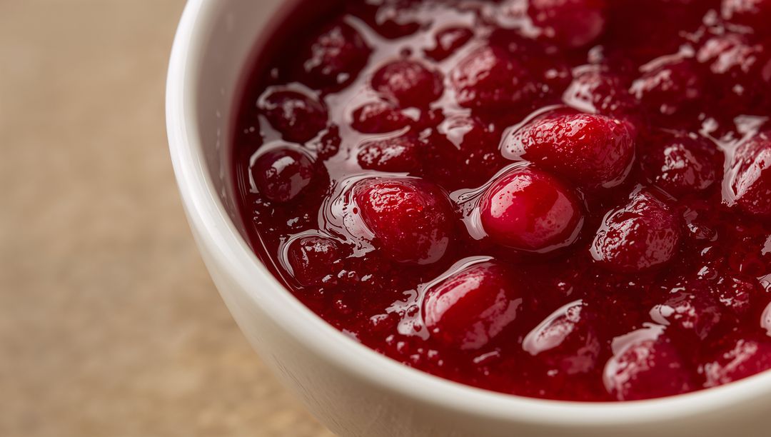 Glossy Cranberry Sauce Close-Up Showing Whole Berries and Ruby Glaze in White Bowl