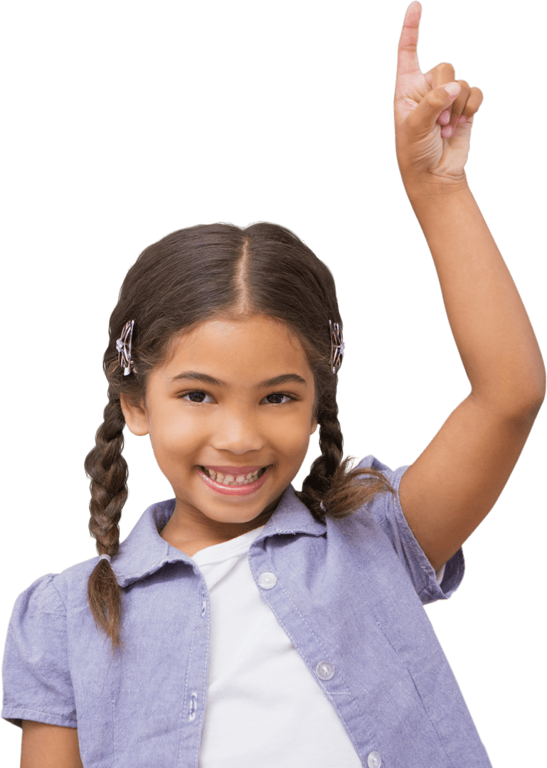Smiling Biracial Girl Pointing Up on Transparent Background