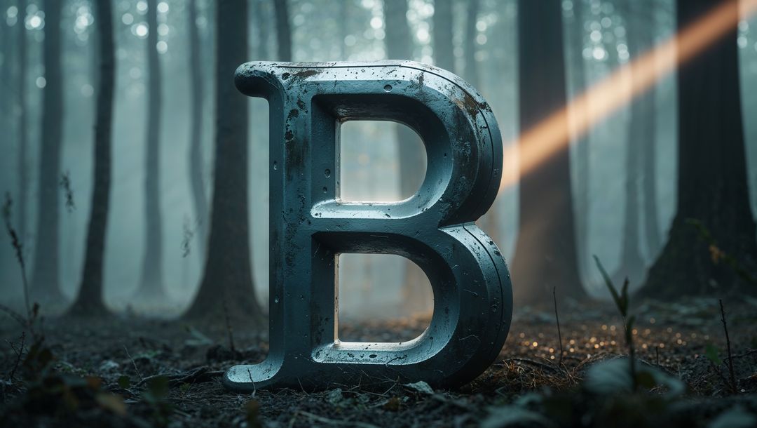 Metallic Letter B Illuminated in Mystical Misty Forest