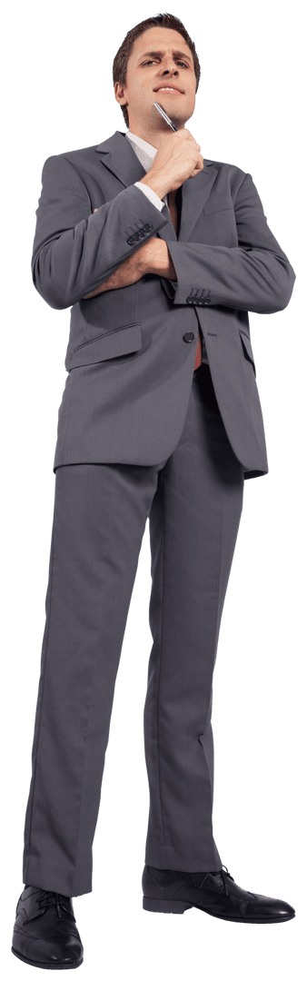 Transparent Businessman Contemplating With Pen in Hand