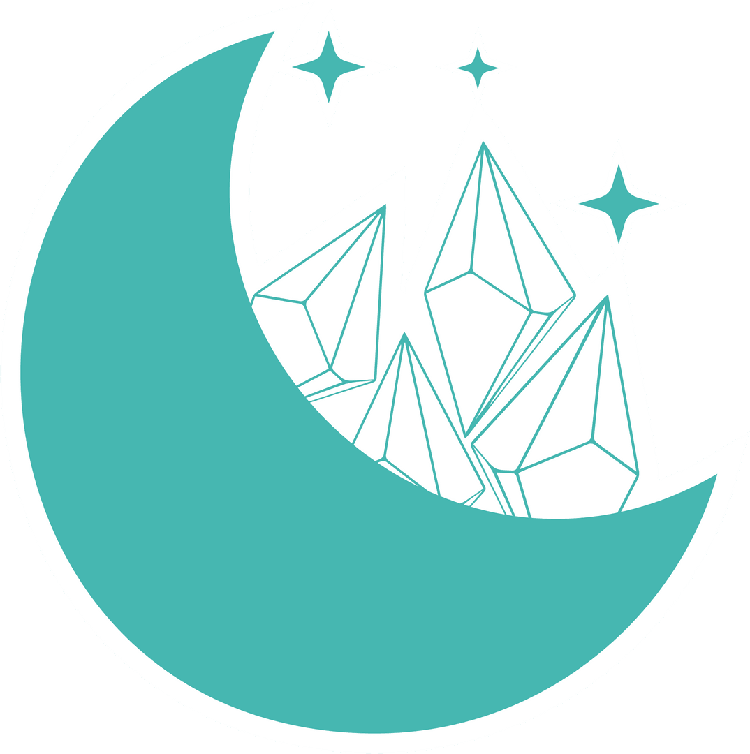 Teal Crescent Moon and Crystals on Transparent Background