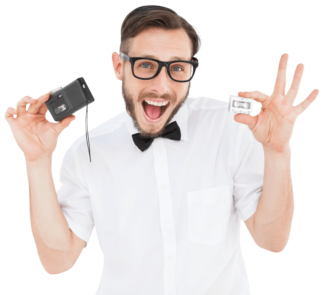 Transparent Hipster Holding Retro Tape Player and Cassette