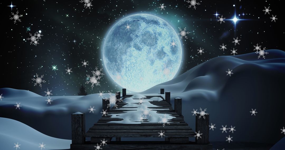 Enchanting Winter Night with Snowfall and Full Moon
