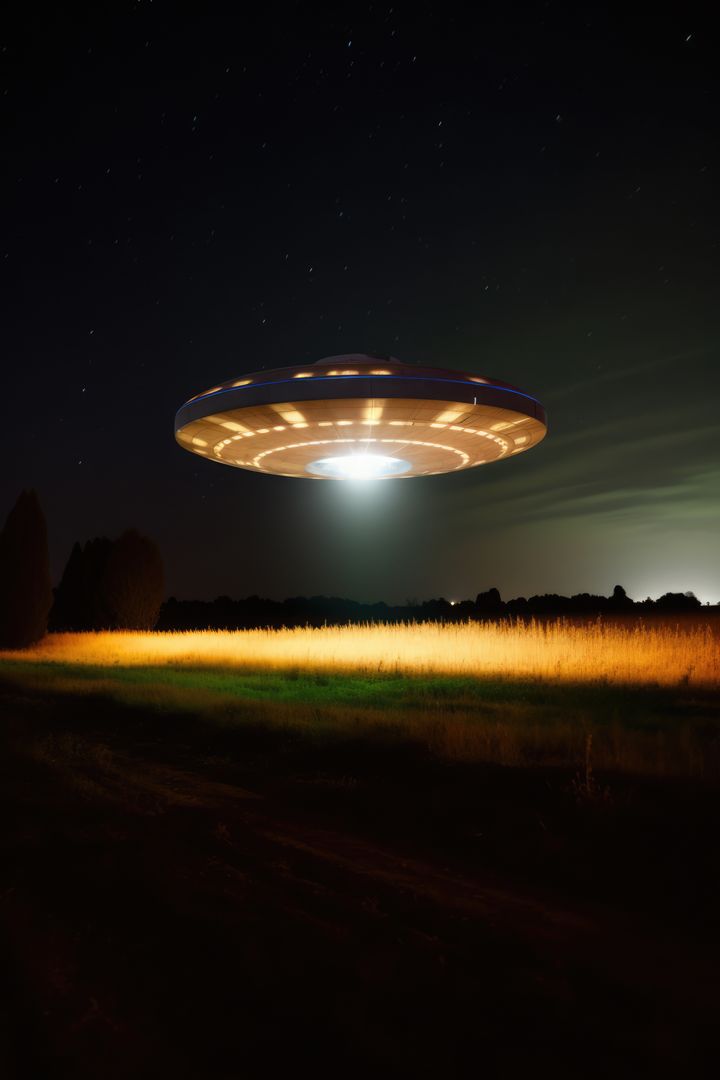 Brightly Lit UFO Hovering Over Field at Night - Free Images, Stock Photos and Pictures on Pikwizard.com