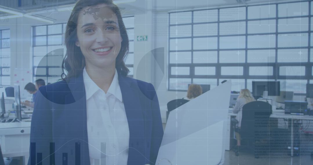Smiling Businesswoman with Digital Financial Graph Overlay in Office