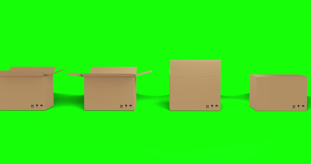 Cardboard Boxes in Sequence on Green Background for Packaging Concept