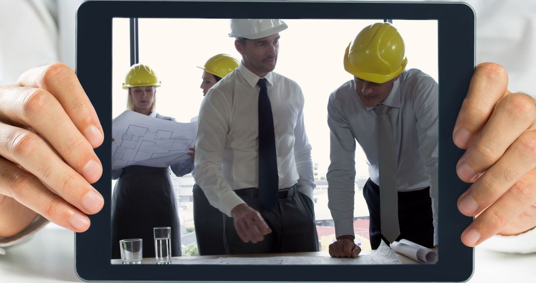 Team Discussing Construction Plans on Digital Tablet